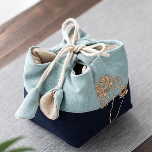 Handmade linen cloth bag tea storage bag for teapot cup cotton linen embroidery cloth bag portable travel drawstring bags 1pc