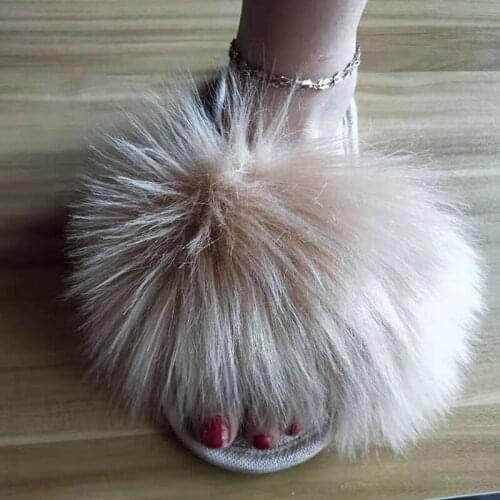 Winter Fluffy Fur Slippers Women Shoes Raccoon Fur Slides Faux Fox Fur Flip Flop Flat Outdoor Slippers Indoor Female Plush Shoes