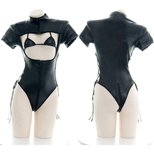 Sexy lingerie suit zipper leather black ladies one-piece tights sexy nightclub one-piece bandage bra black uniform women costume