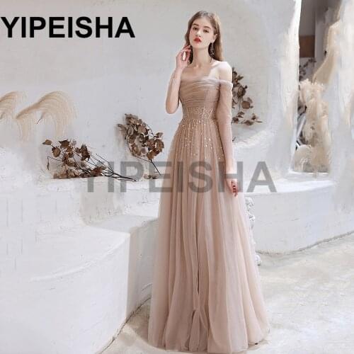 Boat Neck Off The Shoulder Glittery Sequined Evening Dresses Beading Backless Long Sleeve Prom Party Gown vestidos de fiesta