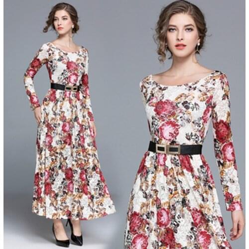 High Quality Elegant Plus Size S-2XL 2021 Spring New Arrival Round Collar Flower Printed Long Sleeve Woman Long Lace Dress