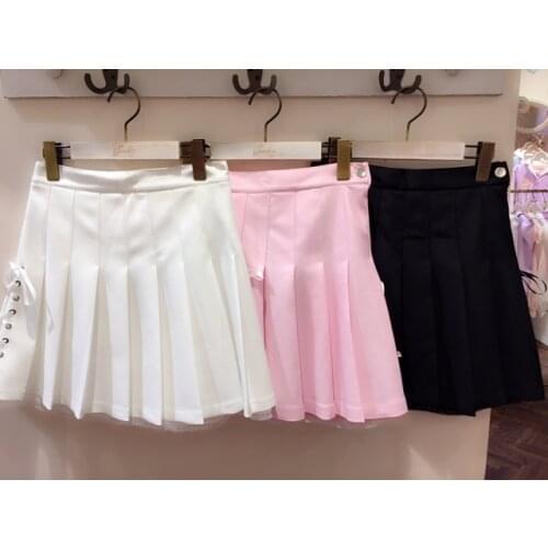 2016 Summer Womens Japanese Style A-line Mini Skirt Ribbon Tie Pleated Skirt Pink & Black & White