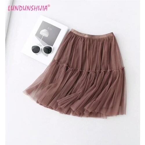 LUNDUNSHIJIA 2019 New Arrival Summer Women Tulle Skirts Fashion Mesh Ruffle High Waist Pleated Skirts 6 Colors