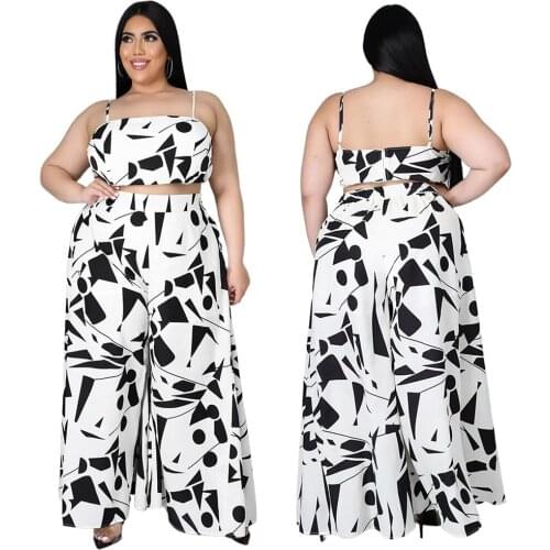 Casual Summer Fashion Plus Size Womens 5xl Printed Zipper Suspenders Tops Wide Leg Pants Two Piece Suit Wholesale Dropshipping