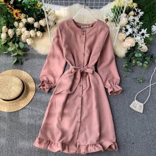 New Women Casual Dress 2020 Fall Long Sleeve Single-breasted Ruffles Dresses Ladies Slim with Belt Midi Dress Vestidos Mujer