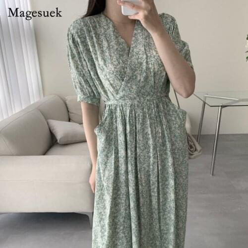 Summer Chiffon Floral V Neck Long Short-sleeved Women Dress Elegant Vintage Korean Fashion Office Ladies High Waist Dress 14785