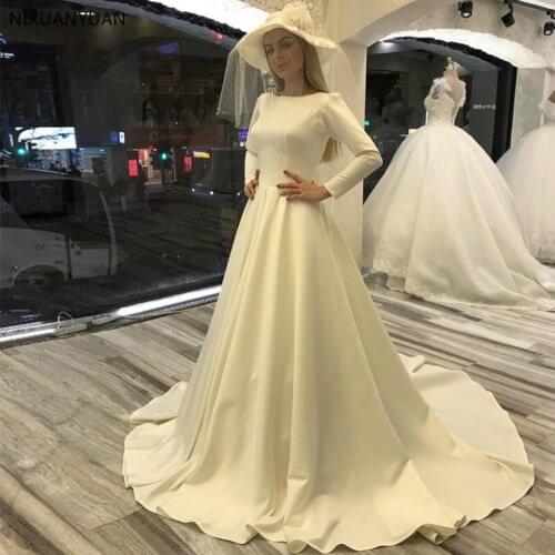 Wedding Dresses with Long Sleeves White Ivory Satin Bridal Gowns A-line Court Train Vestido De Novia 2021