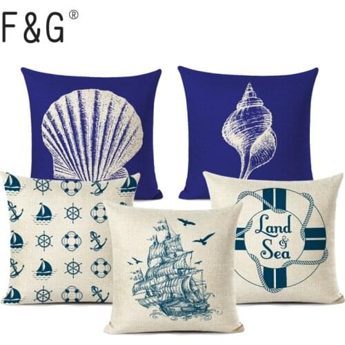 Nordic Style Mediterranean Sea Anchor Shell Throw Pillow Cover Case Cotton Linen Cushion Cover for Sofa Home Decor