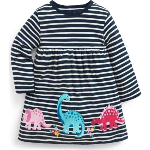 Jumping Meters Dinosaur Baby Dresses Girls Autumn Clothing Applique Animals Autumn Kids Dresses Long Sleeve Stripe Child Dress