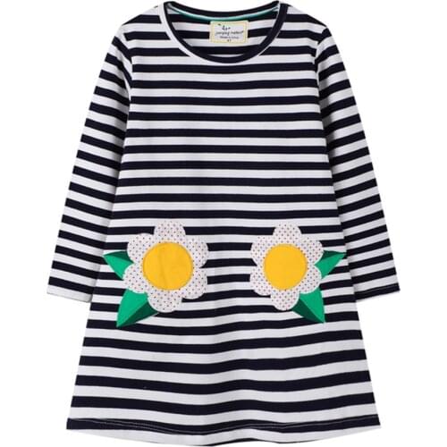 Jumping Meters Flowers Applique Princess Long Sleeve Dresses for New Year Gift Cotton Baby Costume Stripe Fashion Birthday Dress