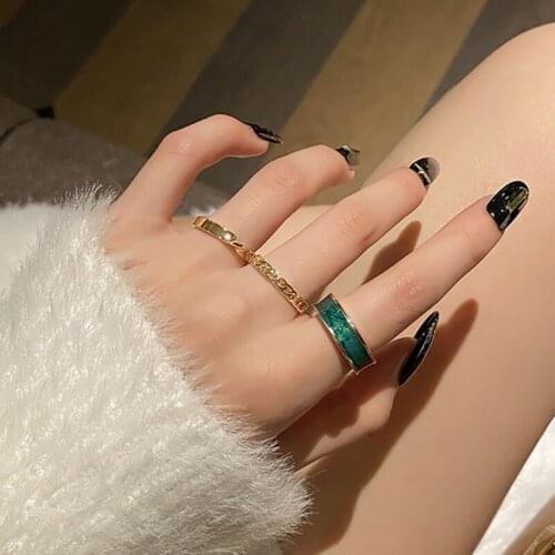 FAMSHIN Bohemian 3pcs/set Green Enamel Round Metal Ring Sets Geometric Open Adjustable Rings Sets for Women Girl Jewelry Gifts