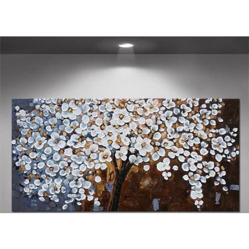Unframed 100% Handmade White Cherry Blossom Tree and Flower Modern Home Artwork Thick Palette Knife Oil Painting on Canvas