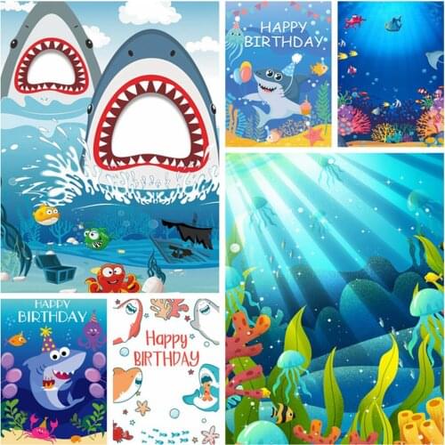 Laeacco Baby Cartoon Shark Underwater World Fishes Treasure Baby Shower Birthday Party Photo Background Photo Backdrop Photocall