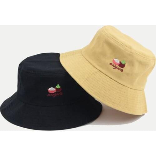 Unisex Summer Cotton Bucket Hat Mangosteen Embroidered Wide Brim Fisherman Cap