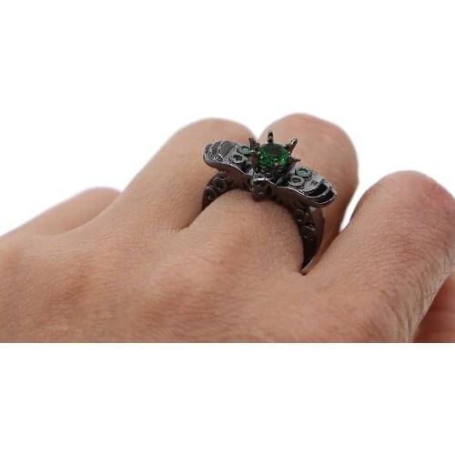 Mens ring fashion jewelry punk rock ring black gold paved AAA green cz cool evil bat rings wholesale full size #5 6 7 8 9 10