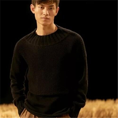 100% hand made pure wool Oneck knit men fashion solid loose pullover sweater black 5color customized