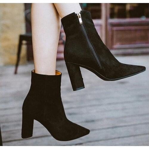 Shoes Autumn Winter for Women Black Suede Leather Thick High Heel Ankle Boots Ladies Fashion Party Dress British Style Boots