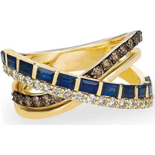 Popular Cross Blue Square Cubic Zirconia Crystal Gold Color Female Ring For Women Party Jewelry Accessories