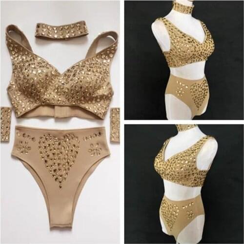 Sexy Club Women DJ Singer Stage Costume Sparkly Rhinestones Bikini 5 Piece Sets Dance Wear Jazz Team Party Crystal Stage Outfits