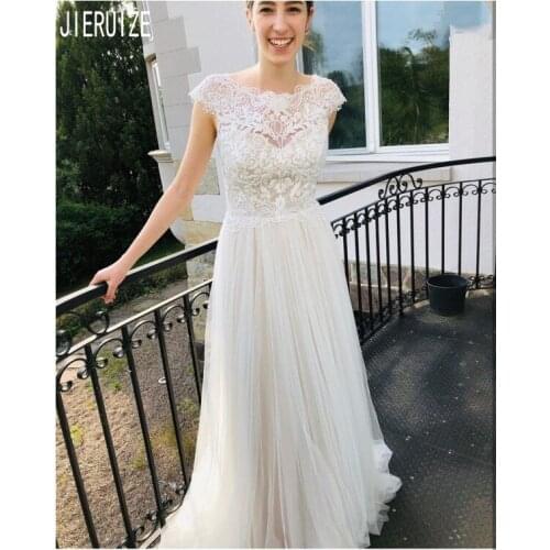 JIERUIZE A Line Wedding Dresse Scoop Neck Cap Sleeve Button Back Bridal Gowns Lace Ivory Tulle Vestido de noiva Bride Dresses