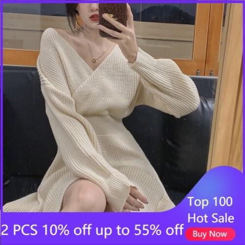 Knitted dress for women autumn winter v-neck high waist warm soft sweater dresses 2035