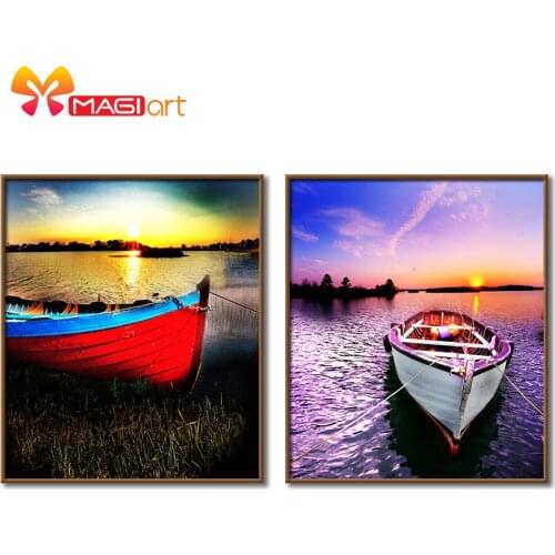 Cross stitch kits Embroidery needlework sets 11CT water soluble canvas patterns 14CT Landscape lakeside mooring boat-NCMS020