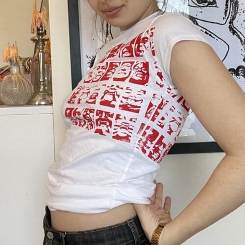 Hirigin Gothic Portrait Print T-shirt E-girl Aesthetic Casual Short Sleevle Sweats Tees Harajuku Streetwear White Crop Top Women