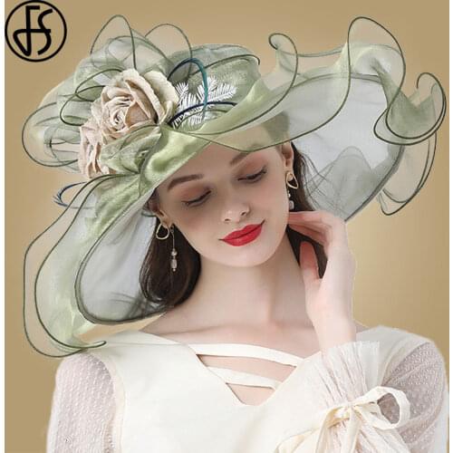 FS Flower Fascinator Women Kentucky Derby Wide Brim Wedding Church Organza Sun Hat 2021 Elegant Summer Large Ladies Fedoras