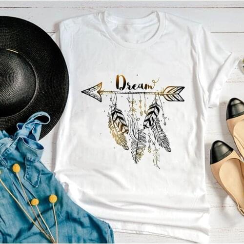 Women Graphic Feather Vintage Cute Summer Trend Casual Ladies Cute Fashion 90s Print Female Clothes Tops Tees Tshirt T-Shirt