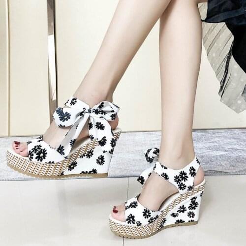 Fashion Printed Womens Sandals Pattern Ribbon Tie Sandals Women Summer High-heeled Summer Korean Version of A Font Wedge Heel