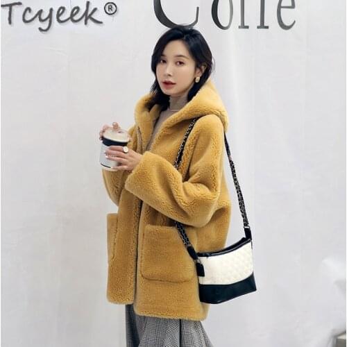 Tcyeek 100% Real Sheep Shearling Coat Women Winter 2021 Hooded Casual Fur Coats Female Korean Style Jackets Manteau Femme Gxy222