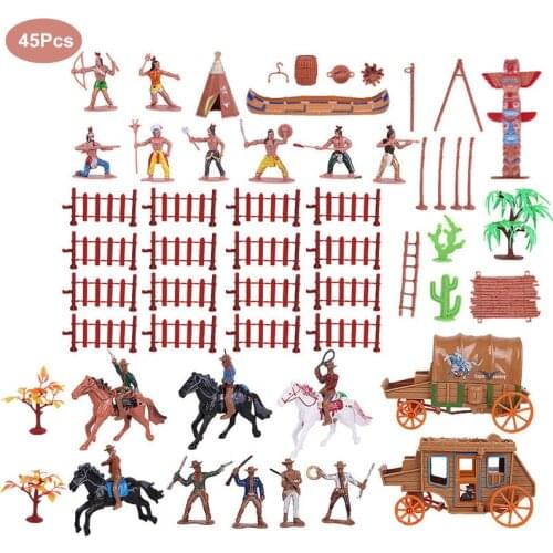 45Pcs Plastic Indian Model Figures Toy Horse Tent Totem Wild West Cowboy Miniature Playset Kids Children Gift Soldier Set Toys