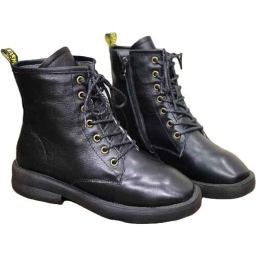 8086-1 New Winter Wool Leather Martin Boots Artistic Crafts Flat-Heeled Lace up Wool Warm Cowhide Womens Boots