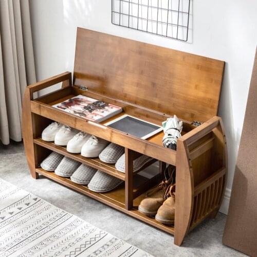 Bamboo Shoe stool Household multifunctional simple cushion shoes changing stool With Removable Cushion Hidden Storage
