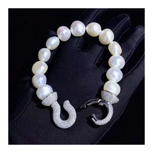 Handmade micro inlay zircon clasp natural 10-11mm white baroque freshwater pearl bracelet long 20cm