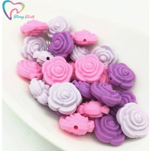DIY Jewelry Accessories 9 PCS 21 MM Double-Faced Rose Flower Silicone Teething Beads, Pink Purple Mixed Mini Double Rose Flower