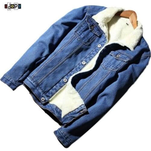 Idopy Winter Men`s Casual Denim Jacket With Fur Lined Thicken Warm Coat Fleece Jean Jacket Outerwear For Male Plus Size