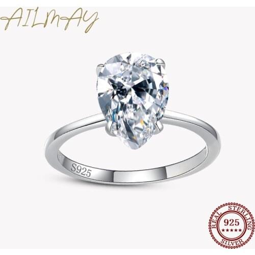 Ailmay Real 925 Sterling Silver 3CT Pear Water Drop Sparkling Clear CZ Ring For Women Wedding Statement Fine Silver Jewelry