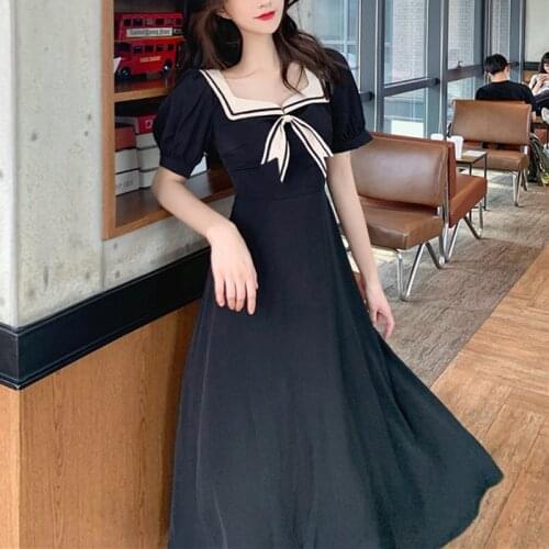 Heydress Vintage Summer New Japanese Sweet Lolita Dress Casual Sailor Collar Vestidos Women Puff Short Sleeve A-line Midi Dress
