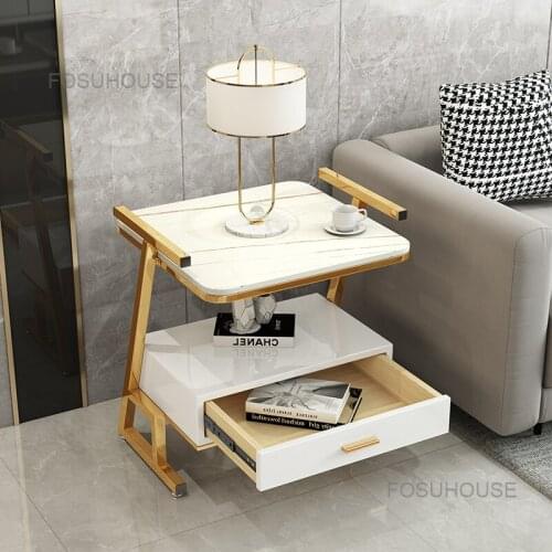 Bedside Table Light Luxury Coffee Tables With Drawer Home Furniture Wheel Movable Marble Plate Storage Italian Side Coffee Table