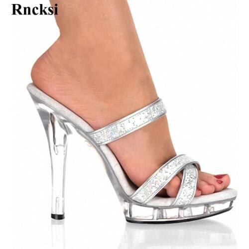 Rncksi New Sexy Fashion Summer Slippers Ultra fine 13cm high heels silver sequined Slippers Transparent soles Women shoes