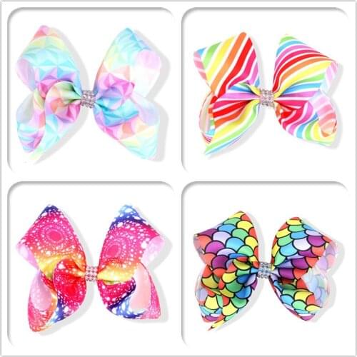 Retail 5" ins Fashion Cute Mermaid Print Ribbon Rhinestone Bow Hairpins Gradient Rainbow Bowknot Hair Clips Boutique Headwear