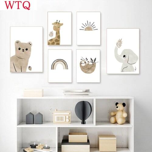 Nordic Animal Print Bear Elephant Giraffe Sloth Canvas Painting Sun Rainbow Wall Art Poster Nursery Decor Picture Kids Baby Room