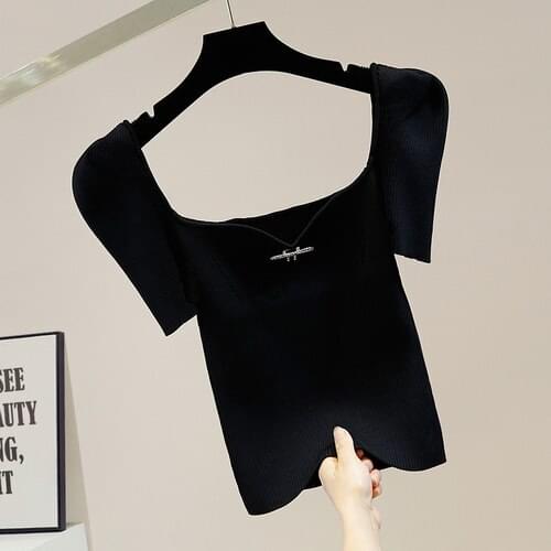 Knitted T Shirt for Women Fashion Retro Puff Sleeve Exquisite Rhinestone Bow Square Collar Slim All-Matching Knitwear Tops