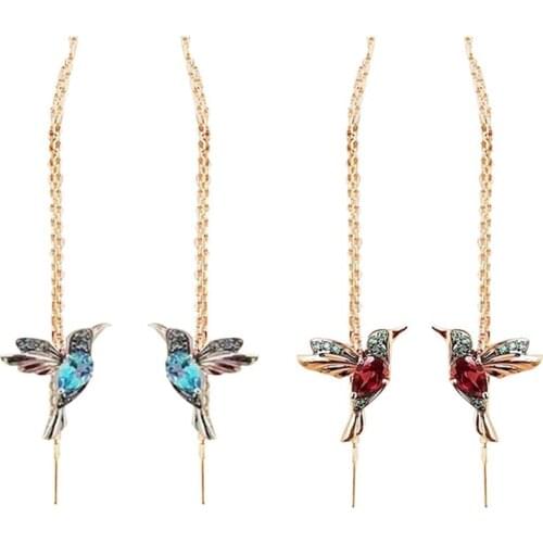 1 Pair Unique Long Drop Earrings Bird Pendant Tassel Crystal Pendant Earrings Ladies Jewelry Design Hummingbird Earring
