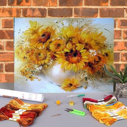 Flowers For Adults Printed Water-Soluble Canvas 11CT Cross Stitch Embroidery Complete Kit DMC Threads Handiwork Package