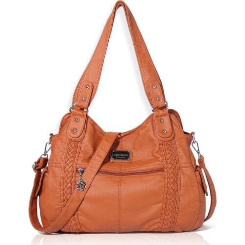 Eco-Friendly Washed PU Leather Women Handbag Messenger Tote Roomy Lady Purse With Two Compartments and Adjustable Long Strap