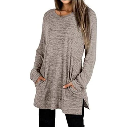 Tunic Sweatshirt Vintage Crewneck Solid Color Simple Long Hoodie Dress Pockets Poleron Mujer Women Plain Hoodie Open Side Scoop