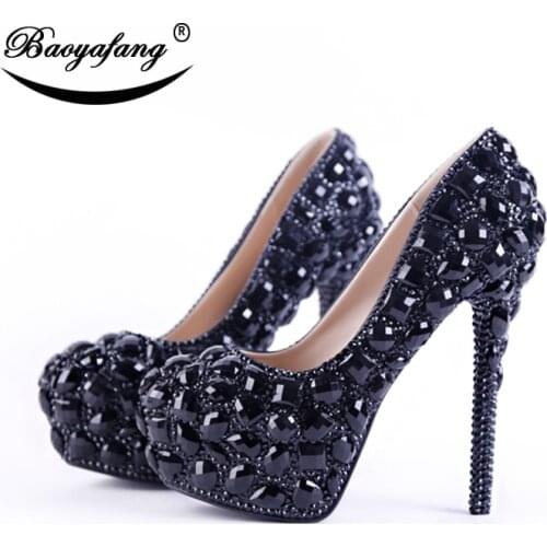 BaoYaFang Black cyrstal women wedding shoes High heels platform shoes Ladies Party Dress shoes Round Toe Women shoe big size
