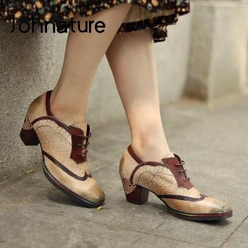 Johnature Spring/Autumn Pumps Women Shoes Retro Mixed Colors Genuine Leather Square Toe Lace-Up High Heels Concise Ladies Shoes